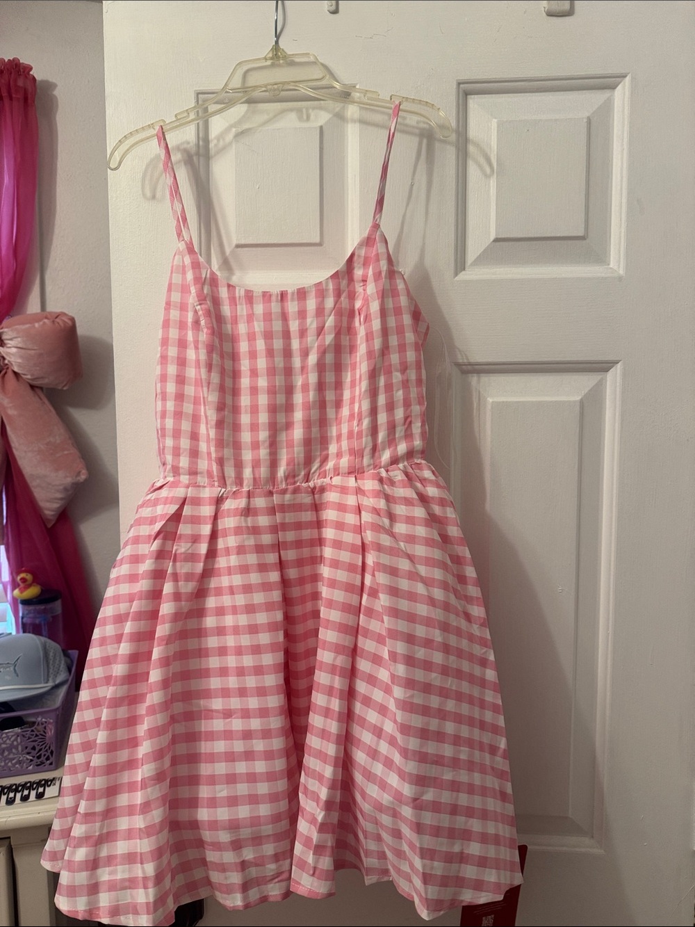 Pink Gingham Spaghetti-Strap Mini Dress